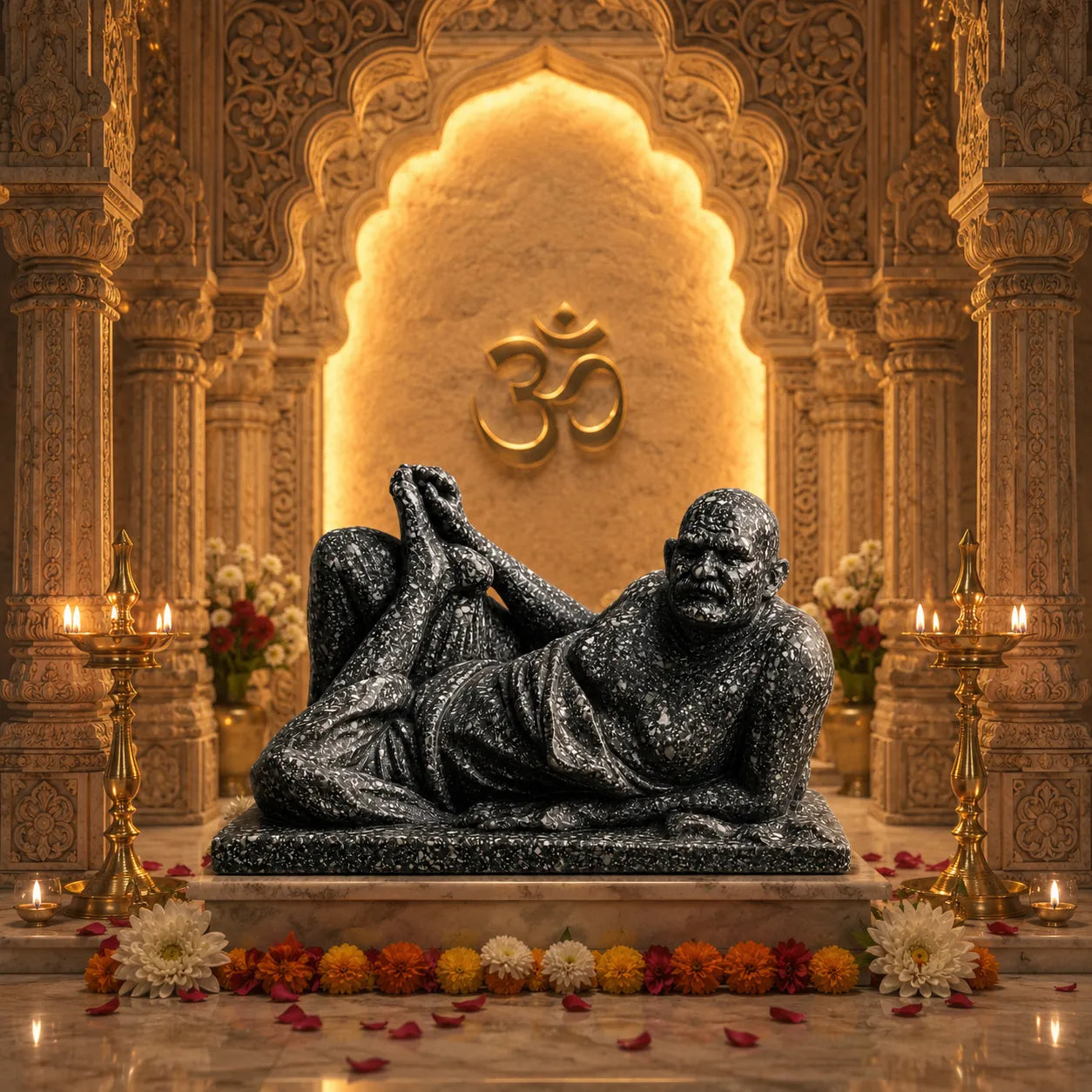Pyrite Neem Karoli Baba idol on  temple
